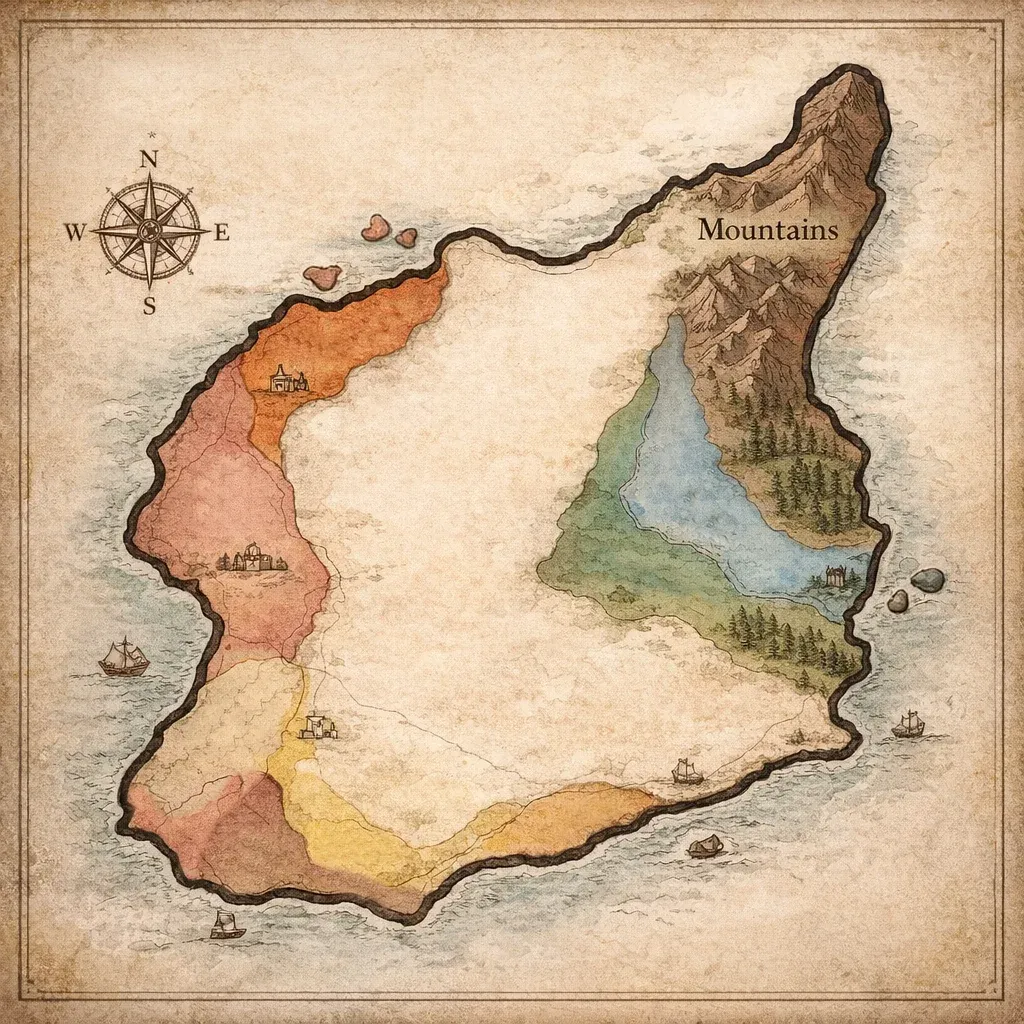 Illustrated parchment map of Azuriol showing the mountains, forests, coasts and cities of the nation